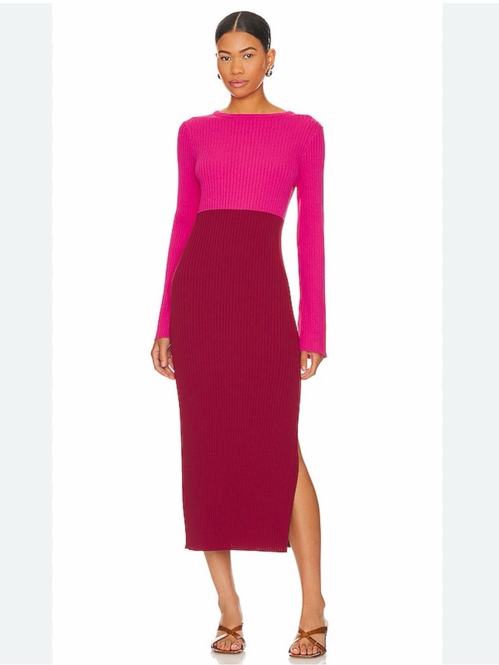NWT Line & Dot Two-Tone Ribbed Midi Dress in Hot Pink and Burgundy
